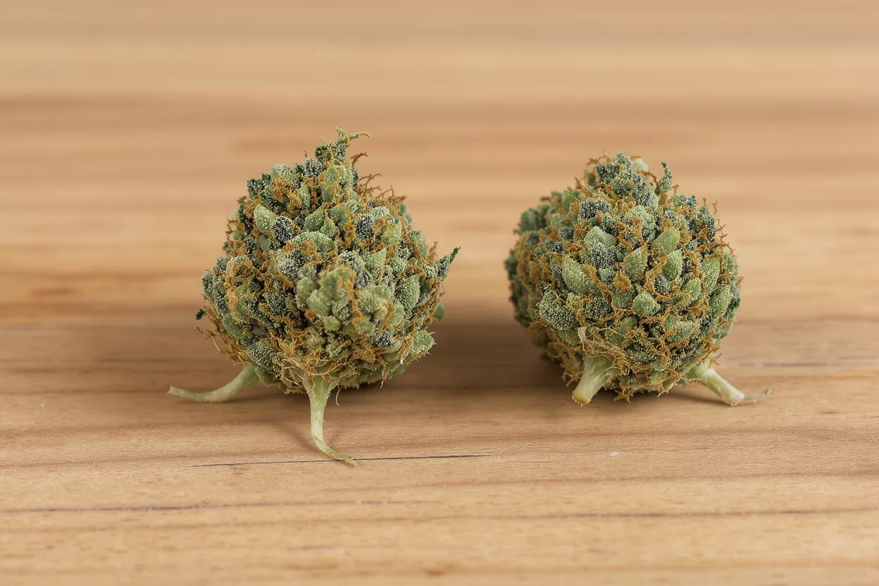 Two green and orange cannabis buds on a light brown wooden surface.