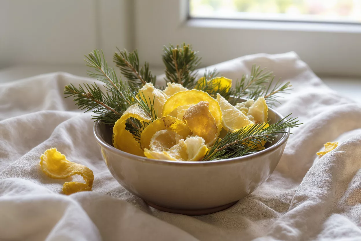 A bowl of yellow citrus peels and green pine branches on a white cloth.