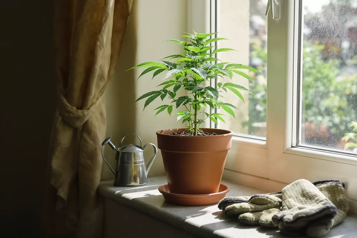 A vibrant green plant in a terracotta pot on a sunlit windowsill.