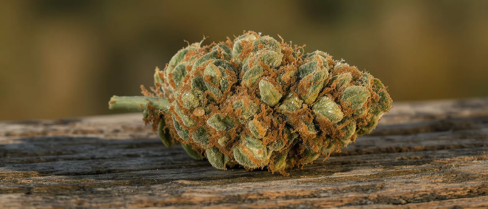 Close-up of a cannabis bud with visible trichomes and orange hairs on wood.