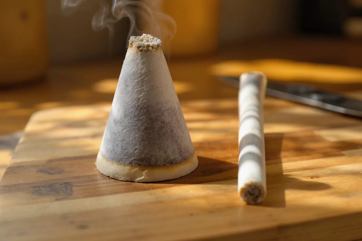 Incense cone smoking on a wooden board next to an unlit incense stick.