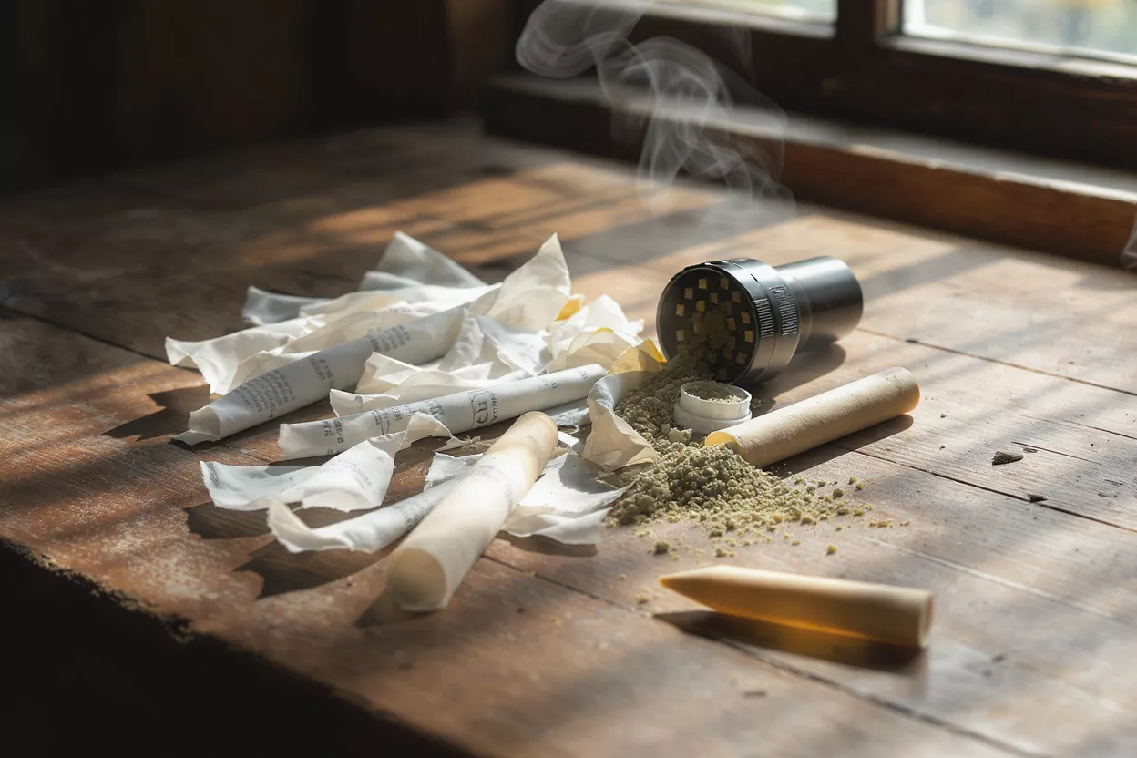 Herbal grinder, ground herbs, and rolled papers on a wooden table with smoke.