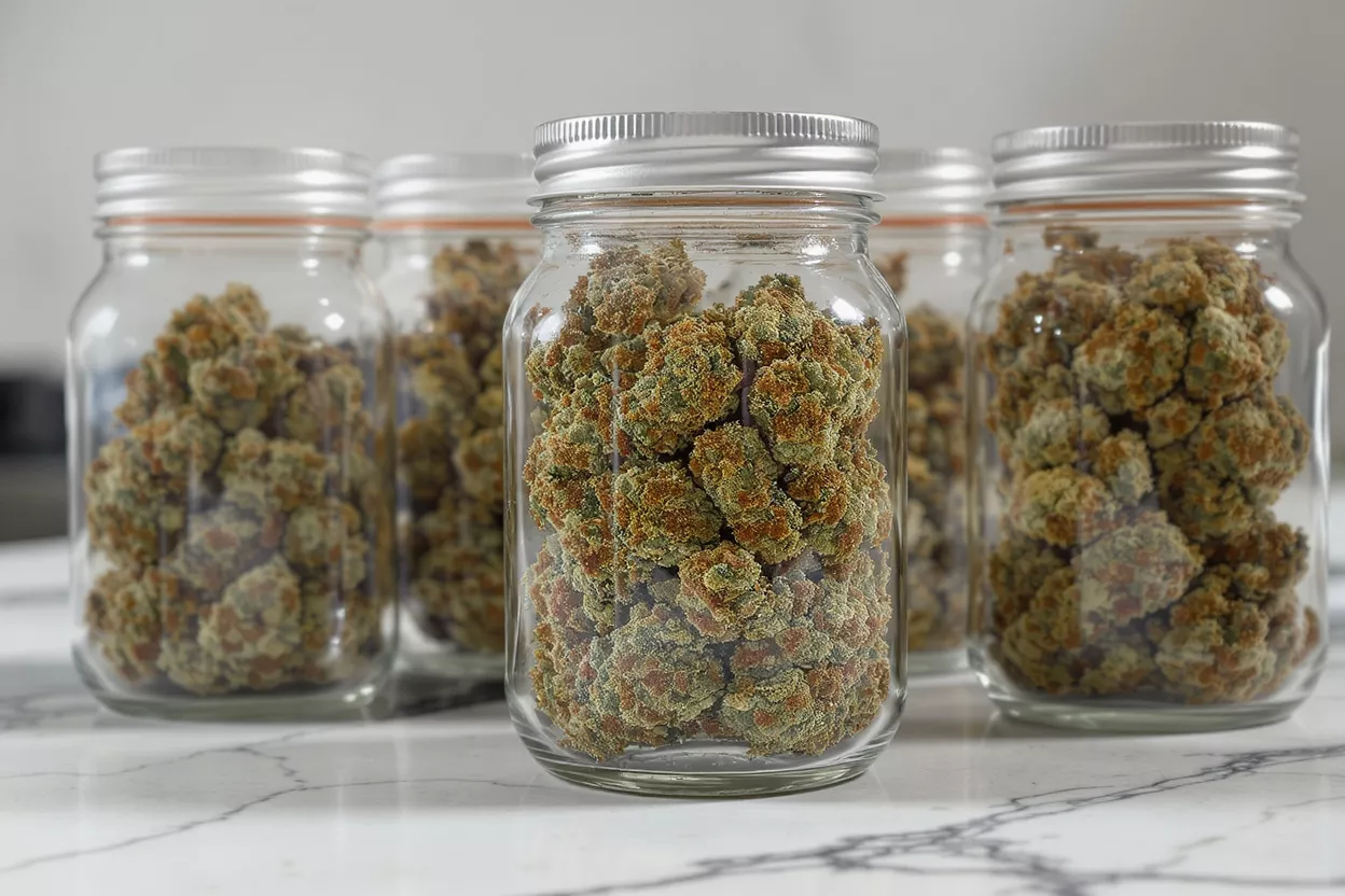Several glass jars filled with dried cannabis buds on a marble surface.