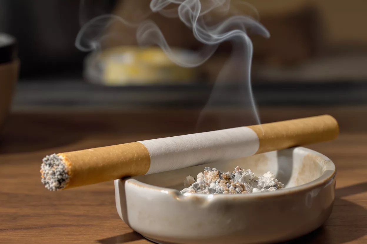 A lit cigarette rests in an ashtray, smoke curling upwards.
