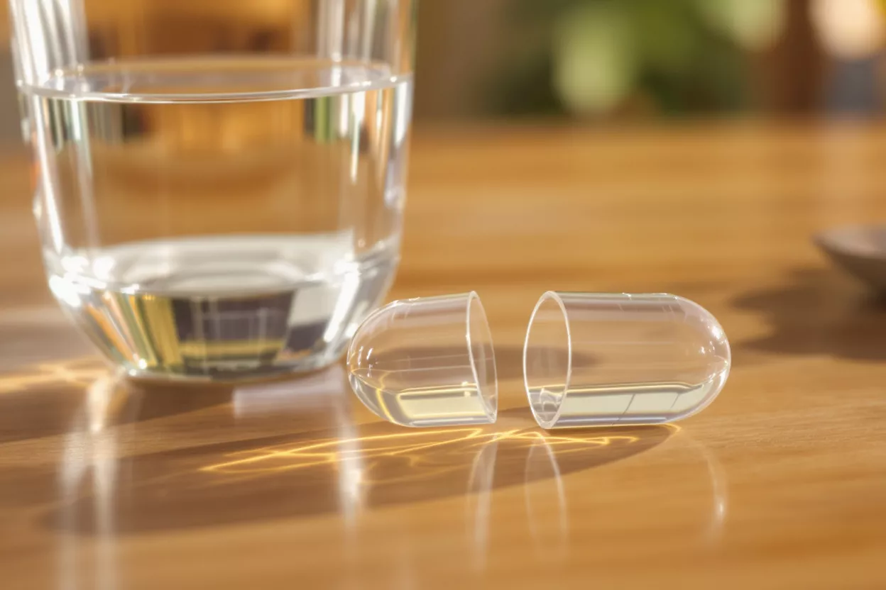 Water Glass and Empty Capsule A glass of water next to an empty, clear capsule split in half on a wooden table.