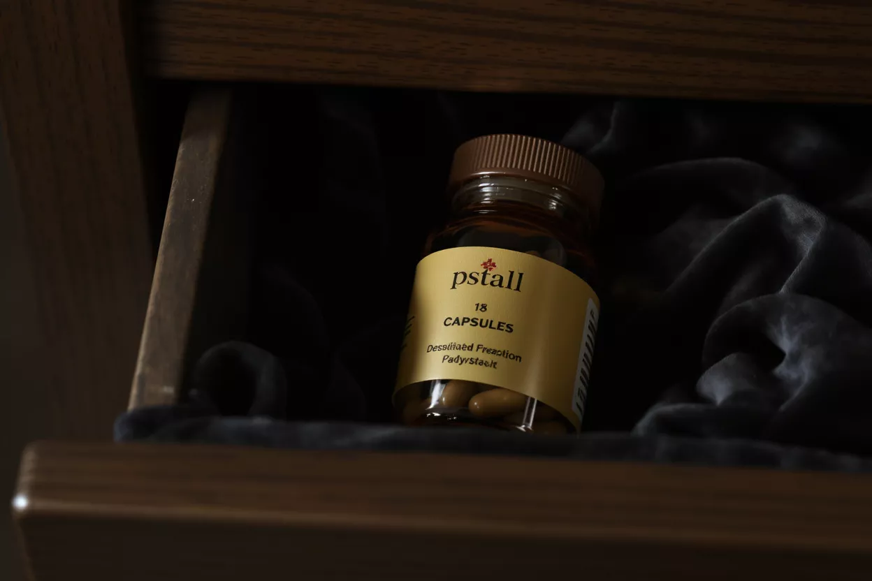 Pstall Capsules in Drawer Pstall capsule bottle resting on dark velvet inside a wooden drawer.