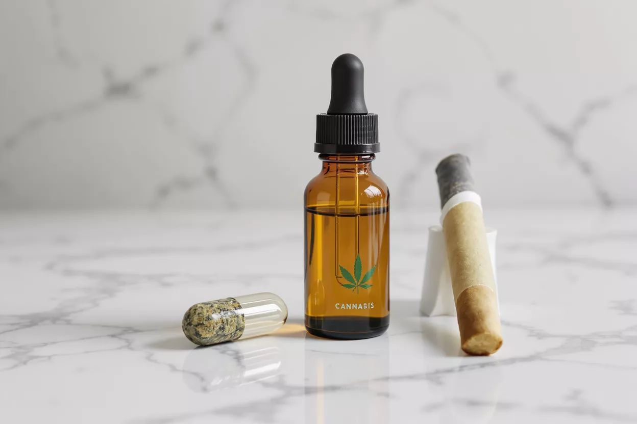 Cannabis oil dropper bottle, capsule, and joint on a white marble surface.