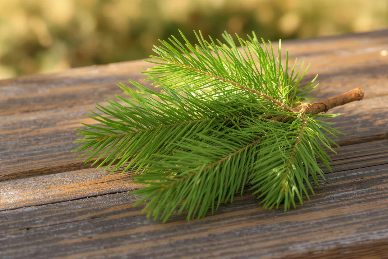 Vibrant green pine branch with needles resting on a rustic wooden table.