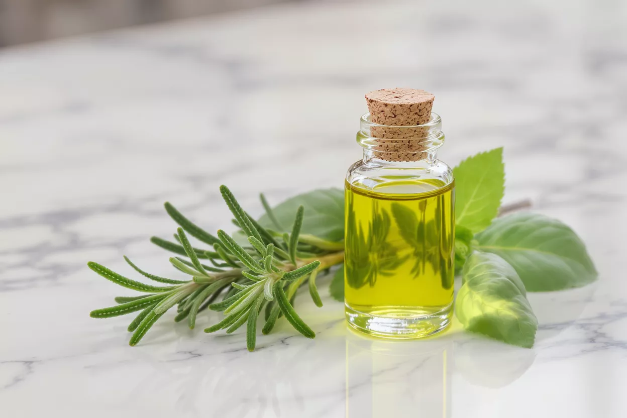 Small bottle of yellow essential oil with rosemary and basil on marble.