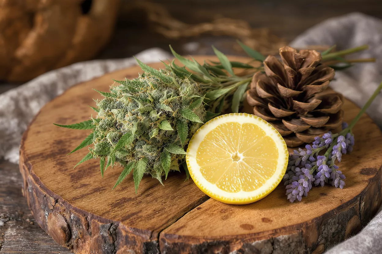 Cannabis bud, lemon slice, pinecone, and lavender on a wooden board.
