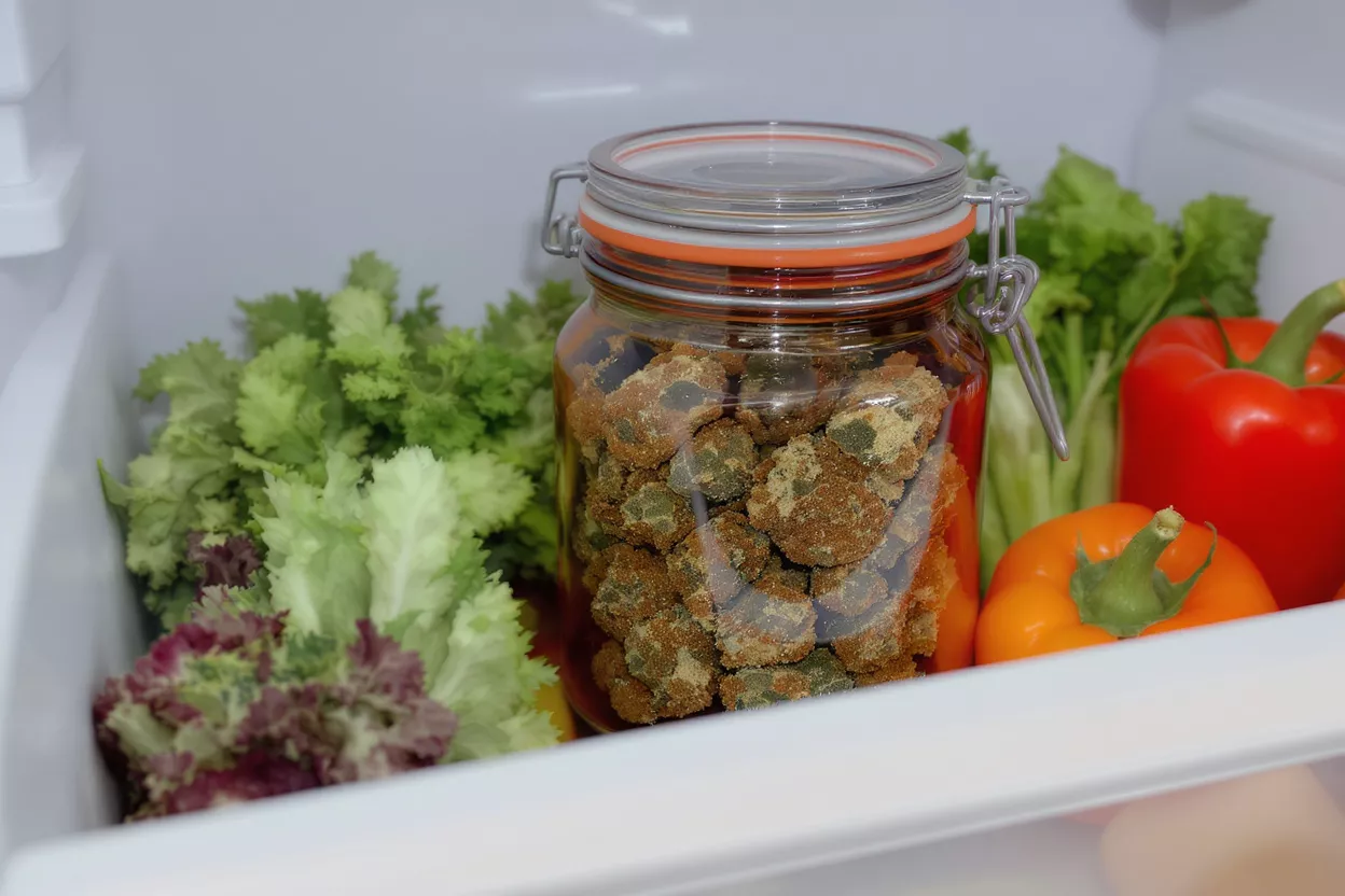 Glass jar of cannabis edibles in a refrigerator with fresh vegetables.