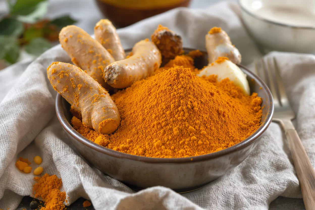A bowl filled with vibrant orange turmeric powder and whole turmeric roots.
