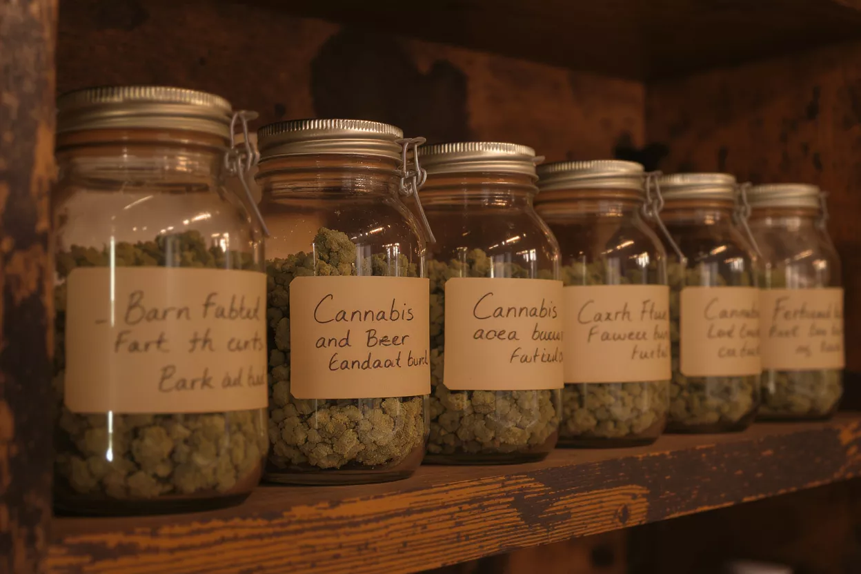 Several glass jars filled with cannabis buds, labeled, on a wooden shelf.