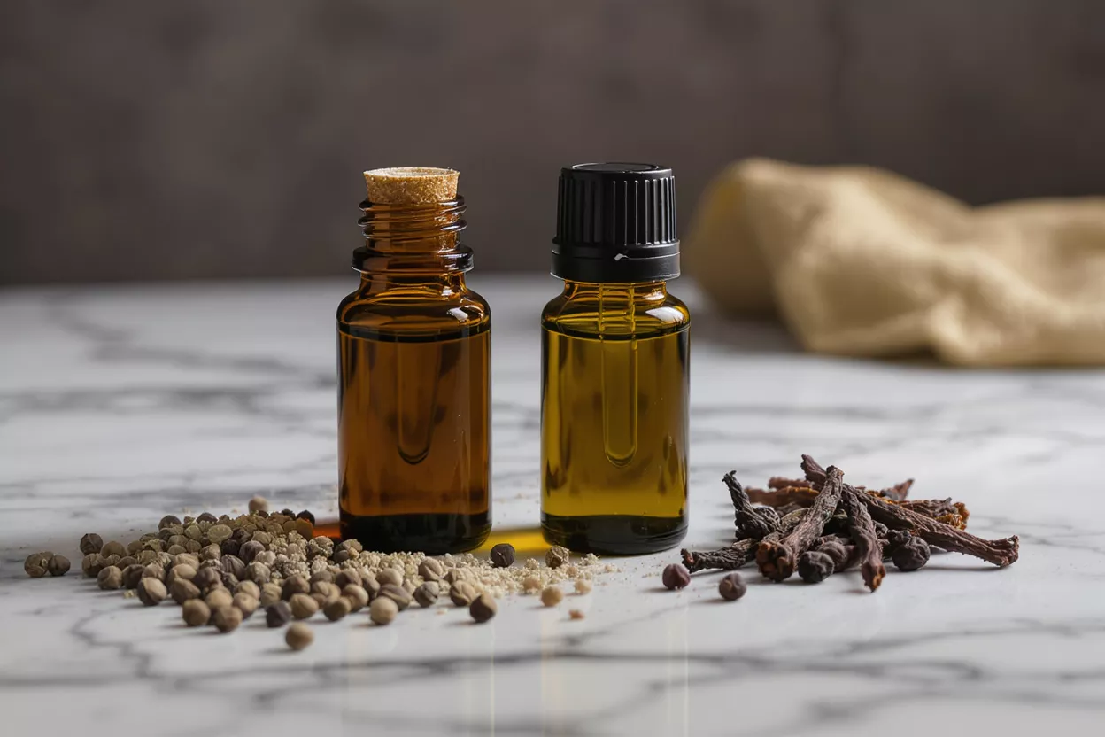 Two amber bottles of essential oil with spices on a white marble surface.