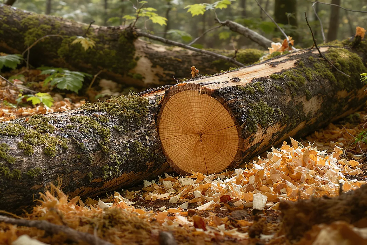 A freshly cut log with visible tree rings and moss, surrounded by sawdust.