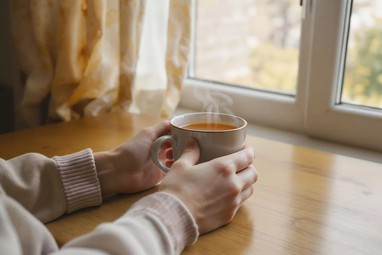 Close-up of hands holding a steaming mug of hot beverage by a window.