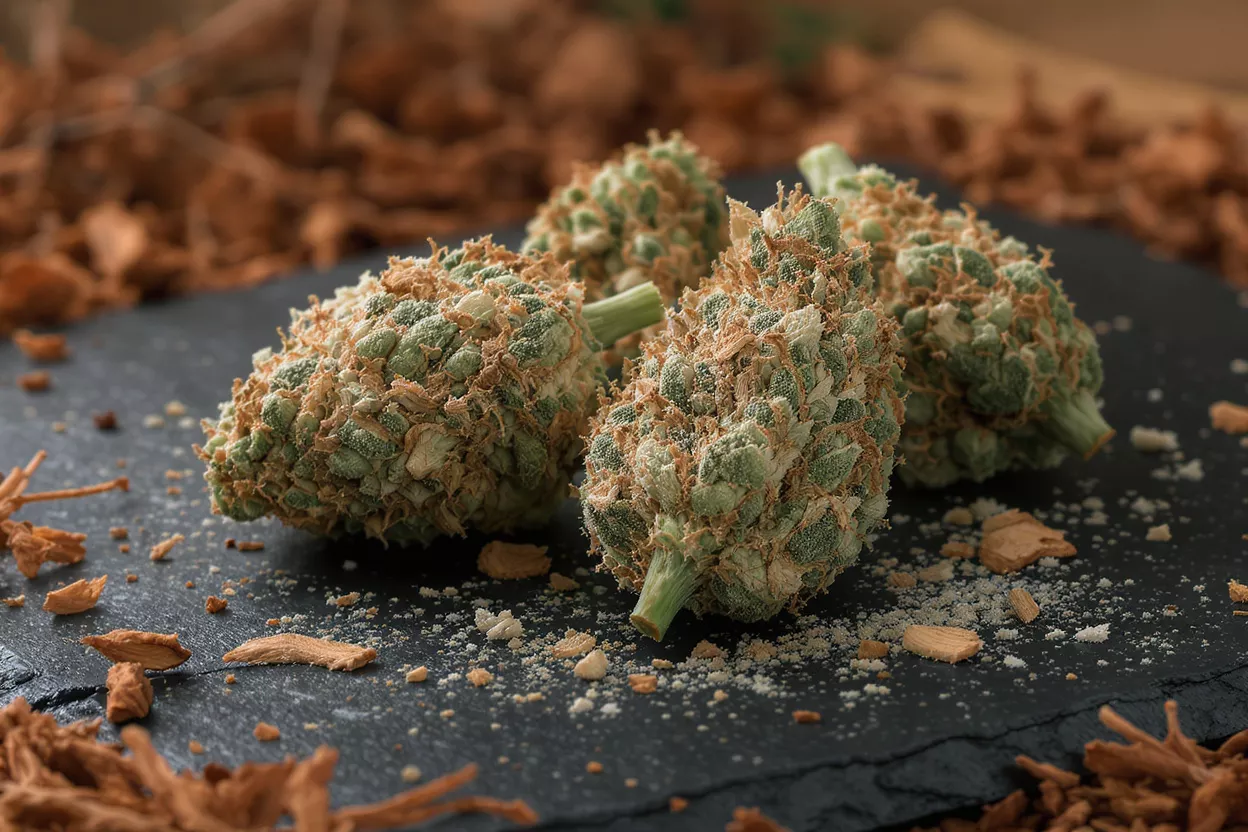 Close-up of three cannabis buds on a dark slate surface with scattered particles.