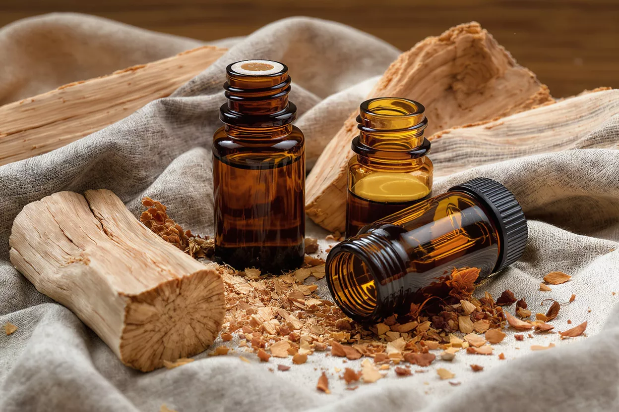 Amber bottles of sandalwood essential oil with wood pieces and shavings on linen.