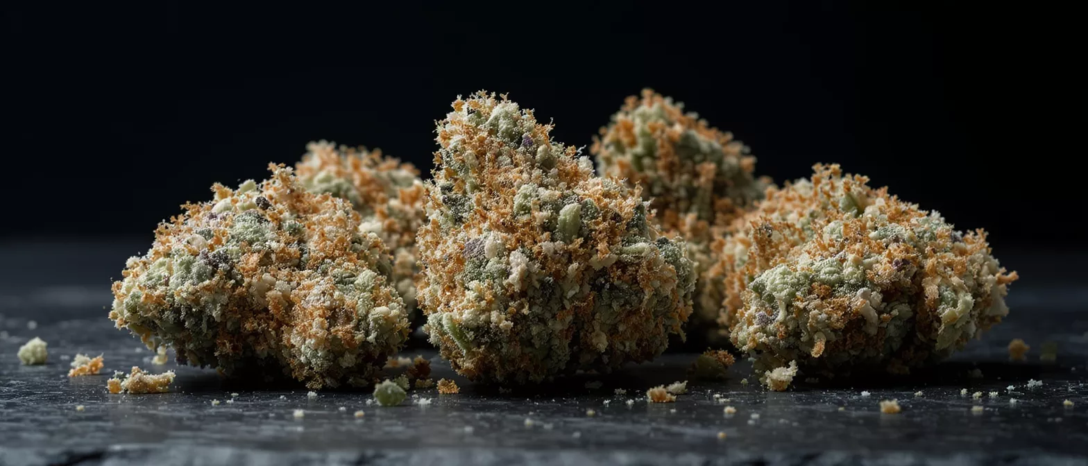 Close-up of kief-covered cannabis buds on a dark surface with a black background.