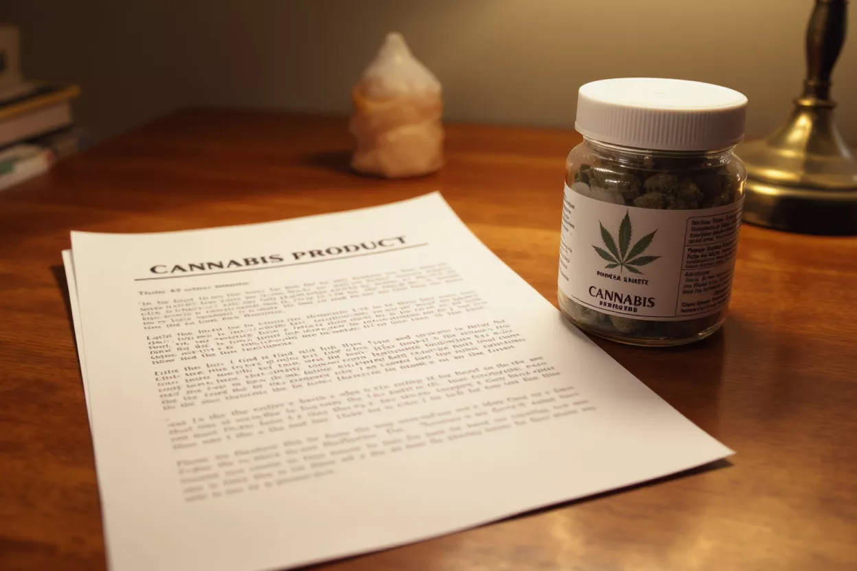 Un documento titulado 'Producto de cannabis' junto a un frasco de cannabis.