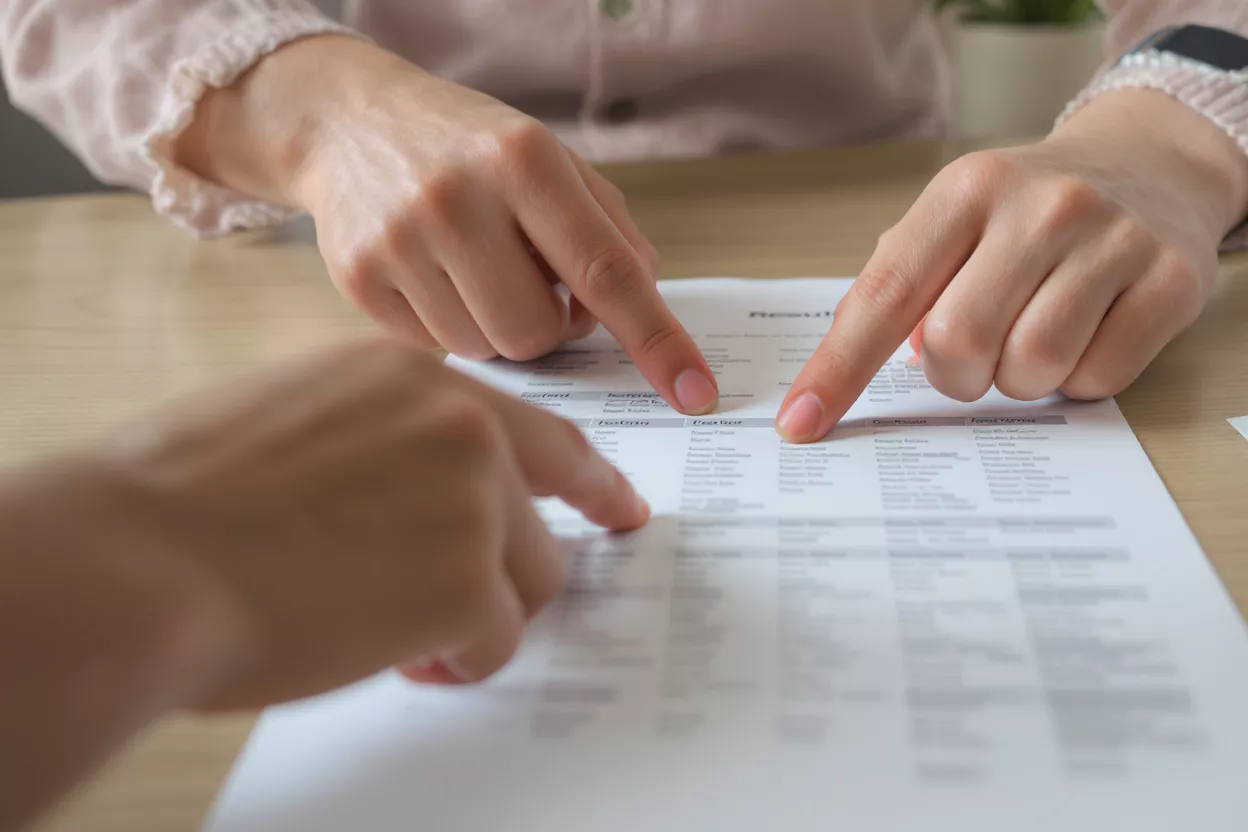 Manos de dos personas señalando texto en un documento, probablemente revisando resultados o datos.