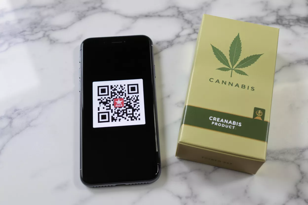 Teléfono inteligente mostrando un código QR junto a una caja de producto de cannabis sobre mármol.