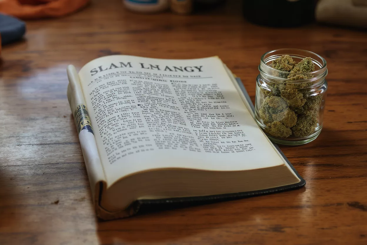 An open book and a glass jar filled with cannabis buds on a wooden table.
