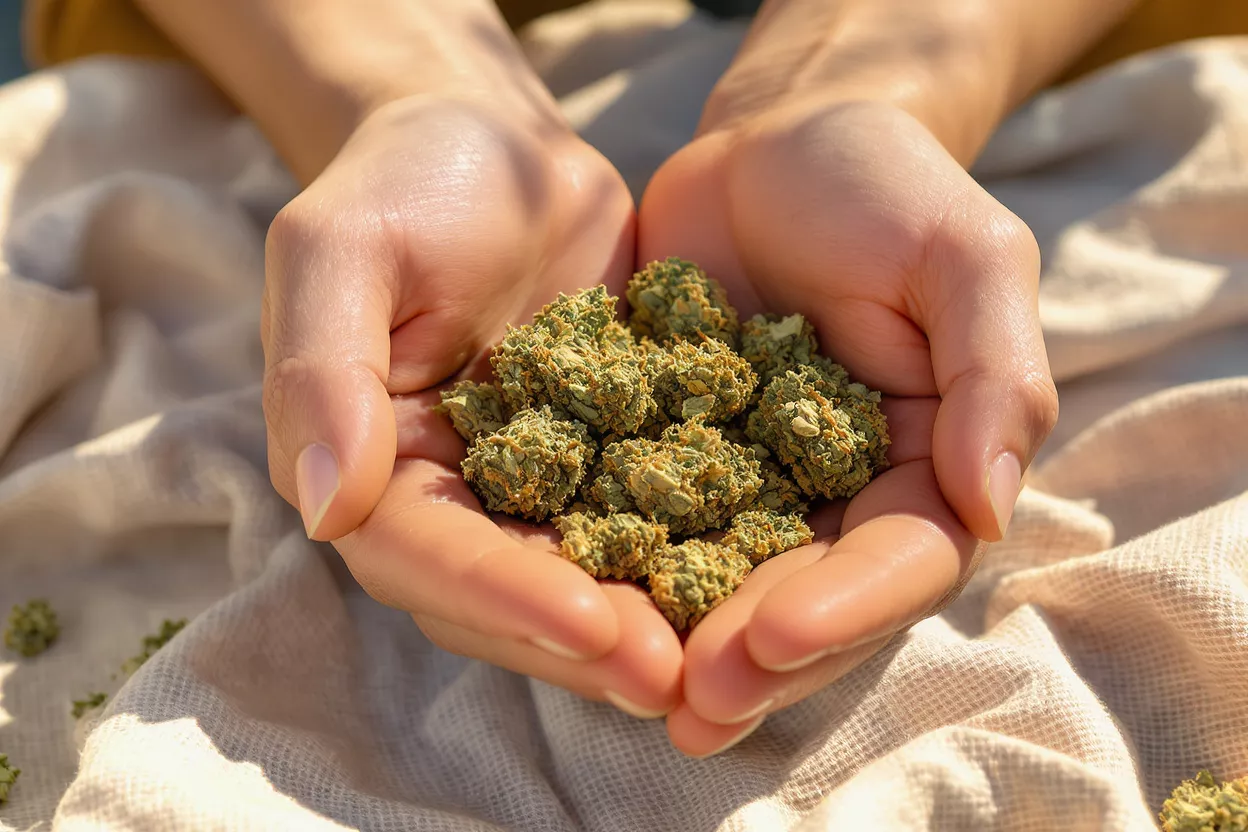 Two hands cupped together holding a pile of green cannabis buds.
