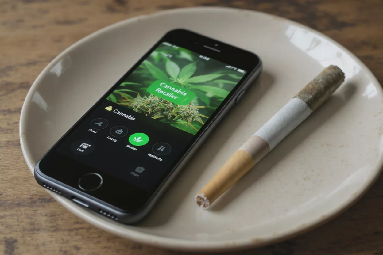 Smartphone displaying a cannabis retailer app next to a pre-rolled joint on a plate.
