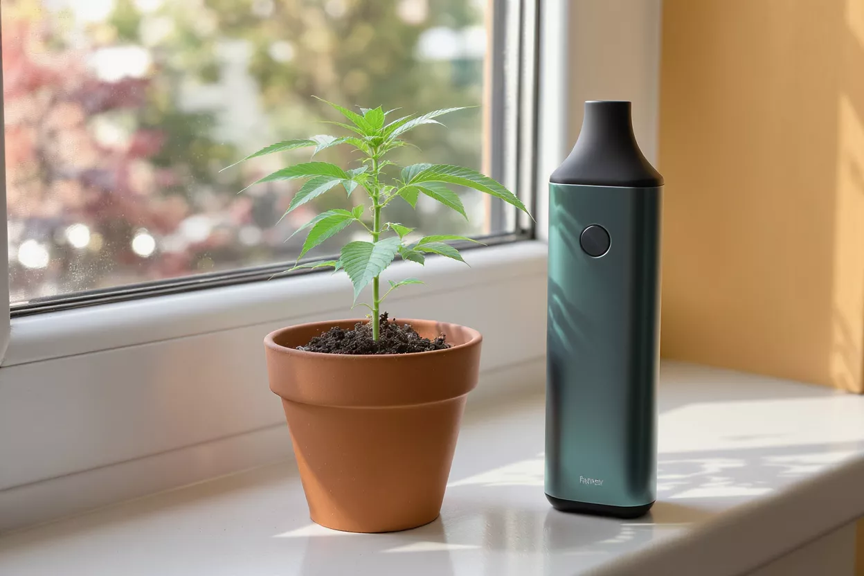 Small cannabis plant in terracotta pot next to a teal vaporizer on a windowsill.