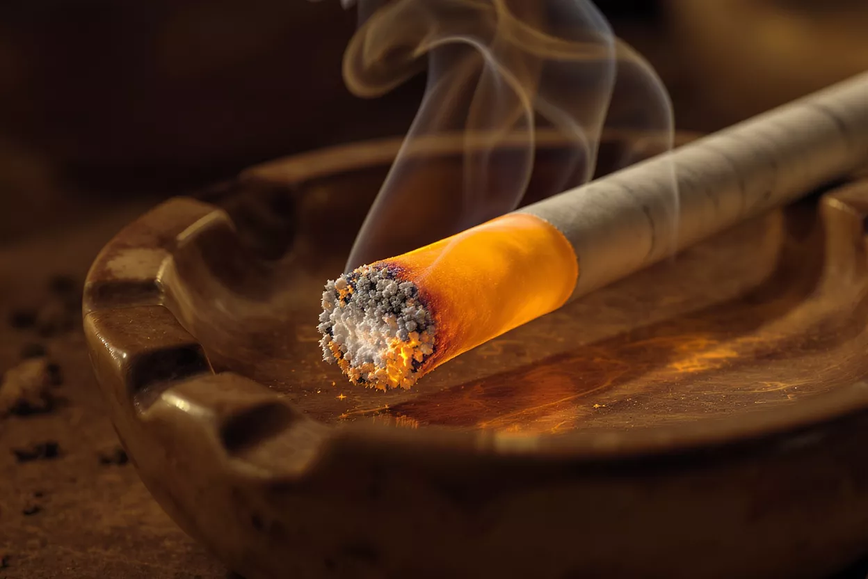 Close-up of a lit cigarette with glowing ember, ash, and smoke in an ashtray.