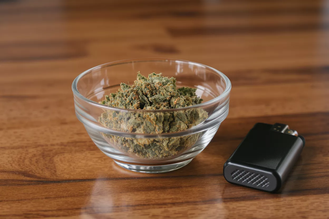 A clear glass bowl filled with cannabis next to a black lighter on a wooden table.