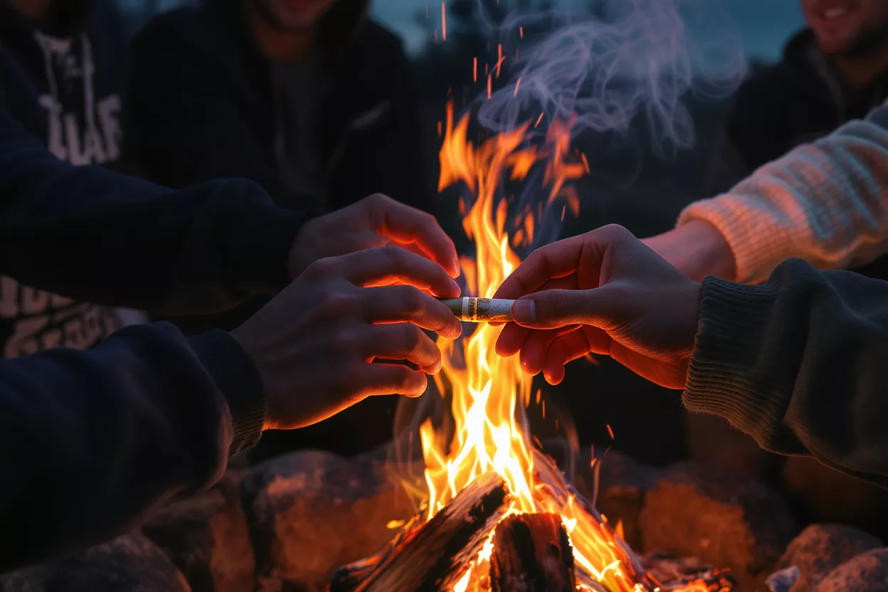 Hands passing a cigarette around a crackling campfire at night.