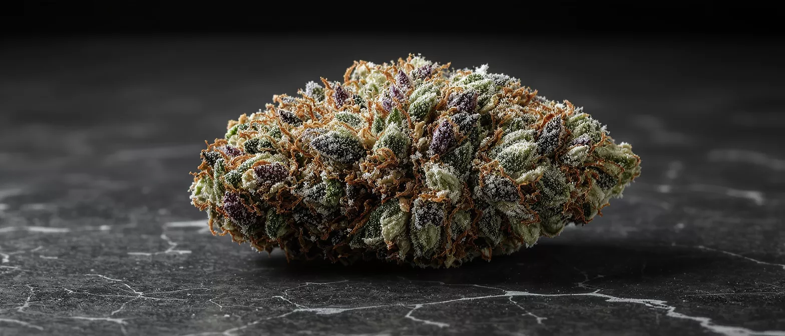 Close-up of a vibrant cannabis bud with trichomes on a dark background.