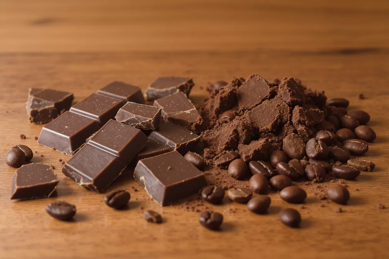 Dark chocolate pieces, coffee beans, and cocoa powder on a wooden surface.