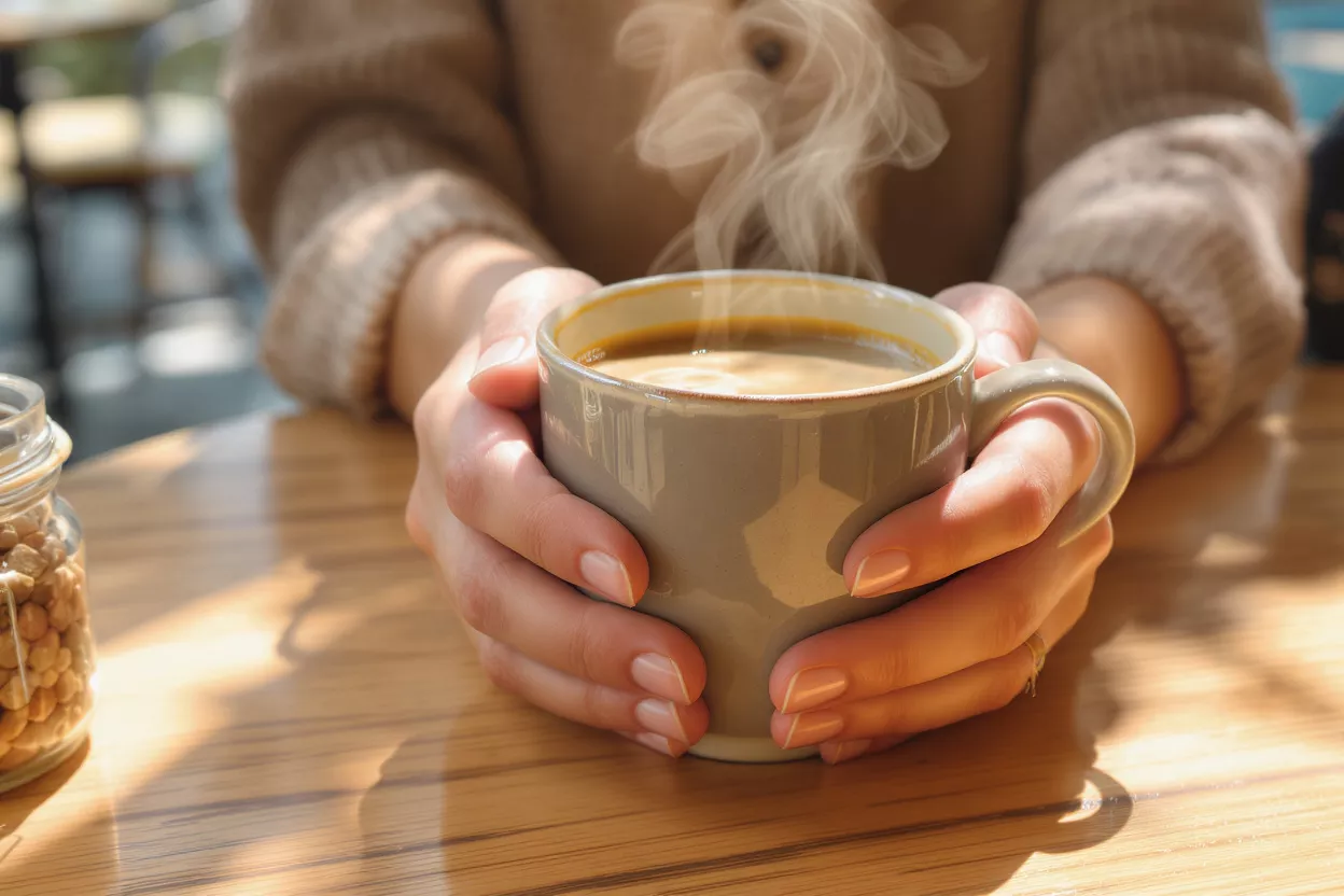 Close-up of hands holding a steaming cup of coffee on a wooden table.