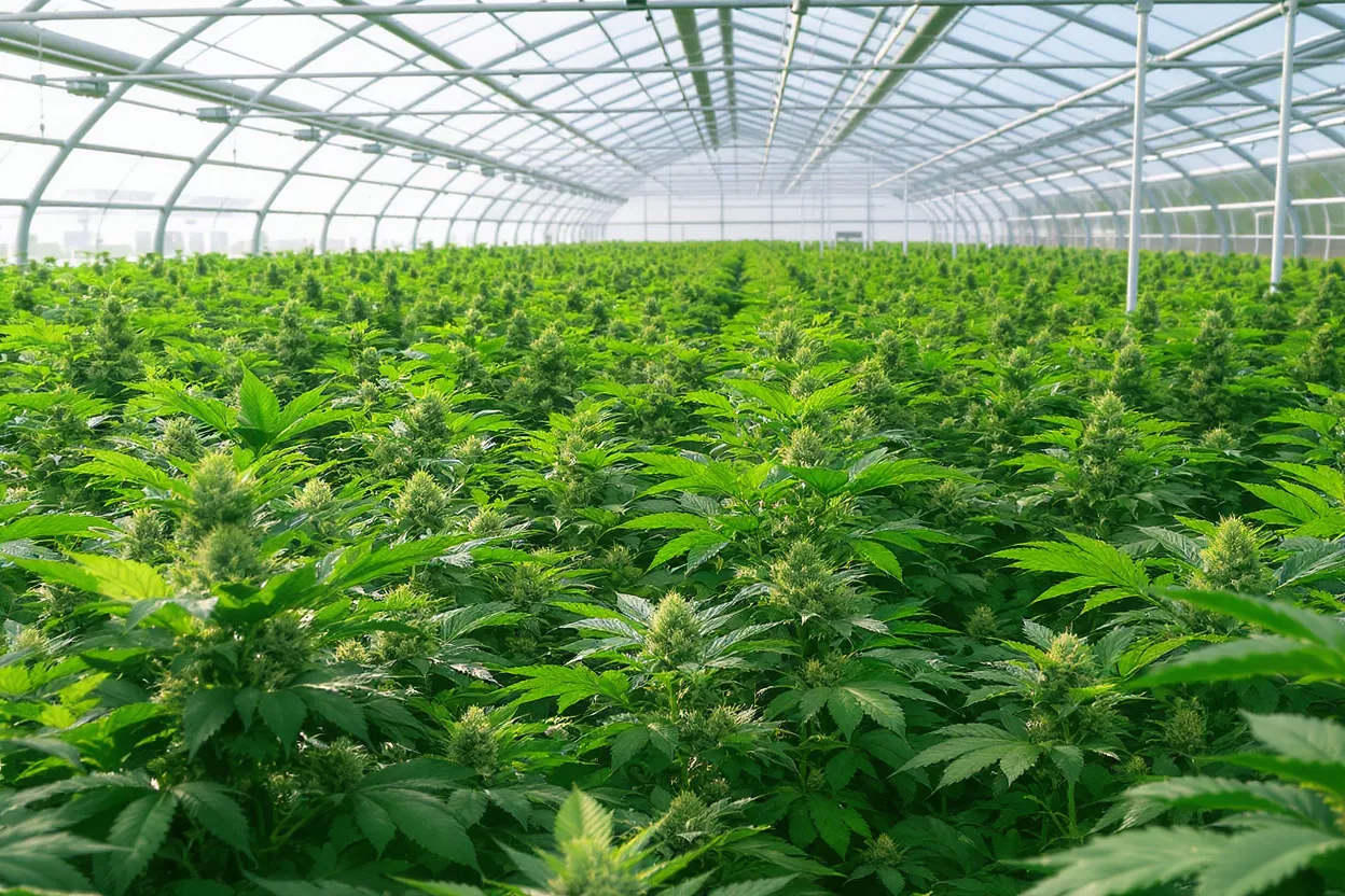 Rows of lush green cannabis plants growing in a large commercial greenhouse.