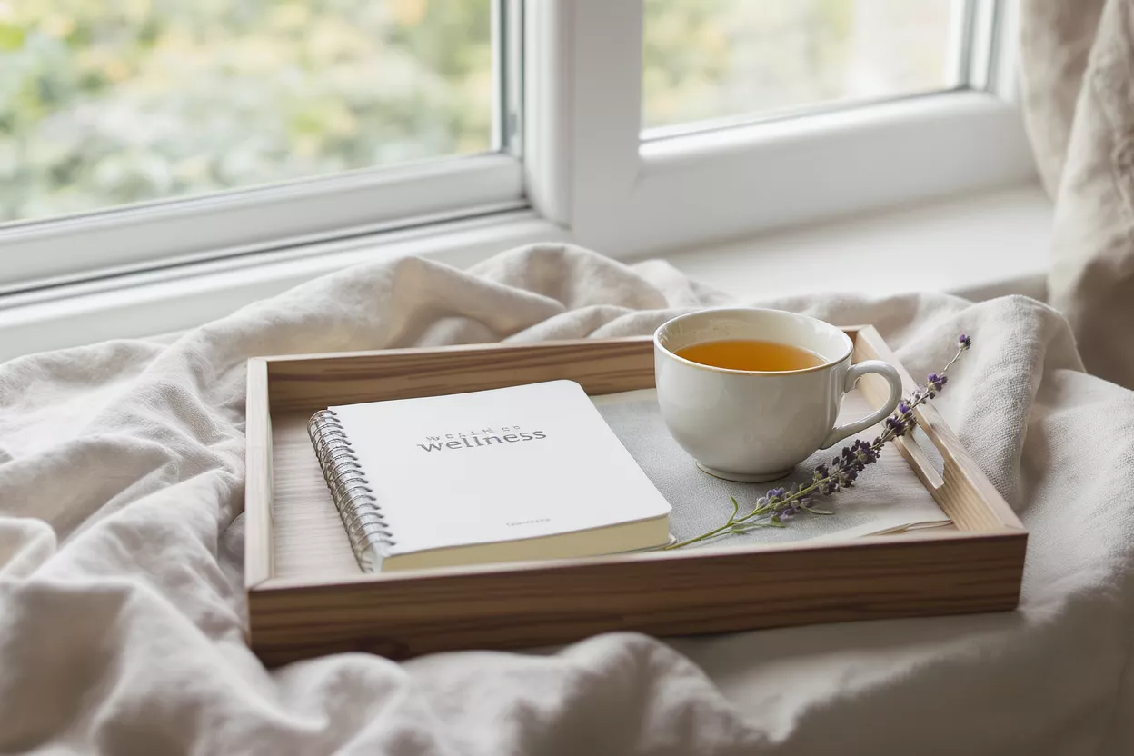 A wooden tray with a wellness notebook, cup of tea, and lavender sprig.