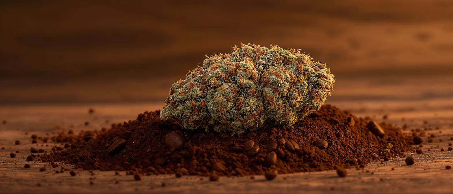 A vibrant cannabis bud rests on a pile of dark coffee grounds.