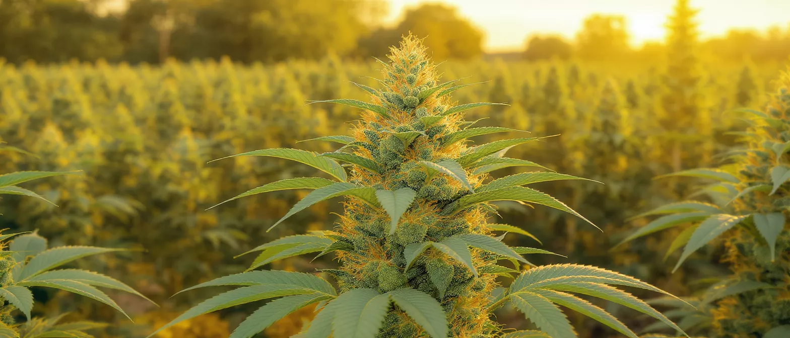 Close-up of a cannabis plant with a field and golden sunset in the background.