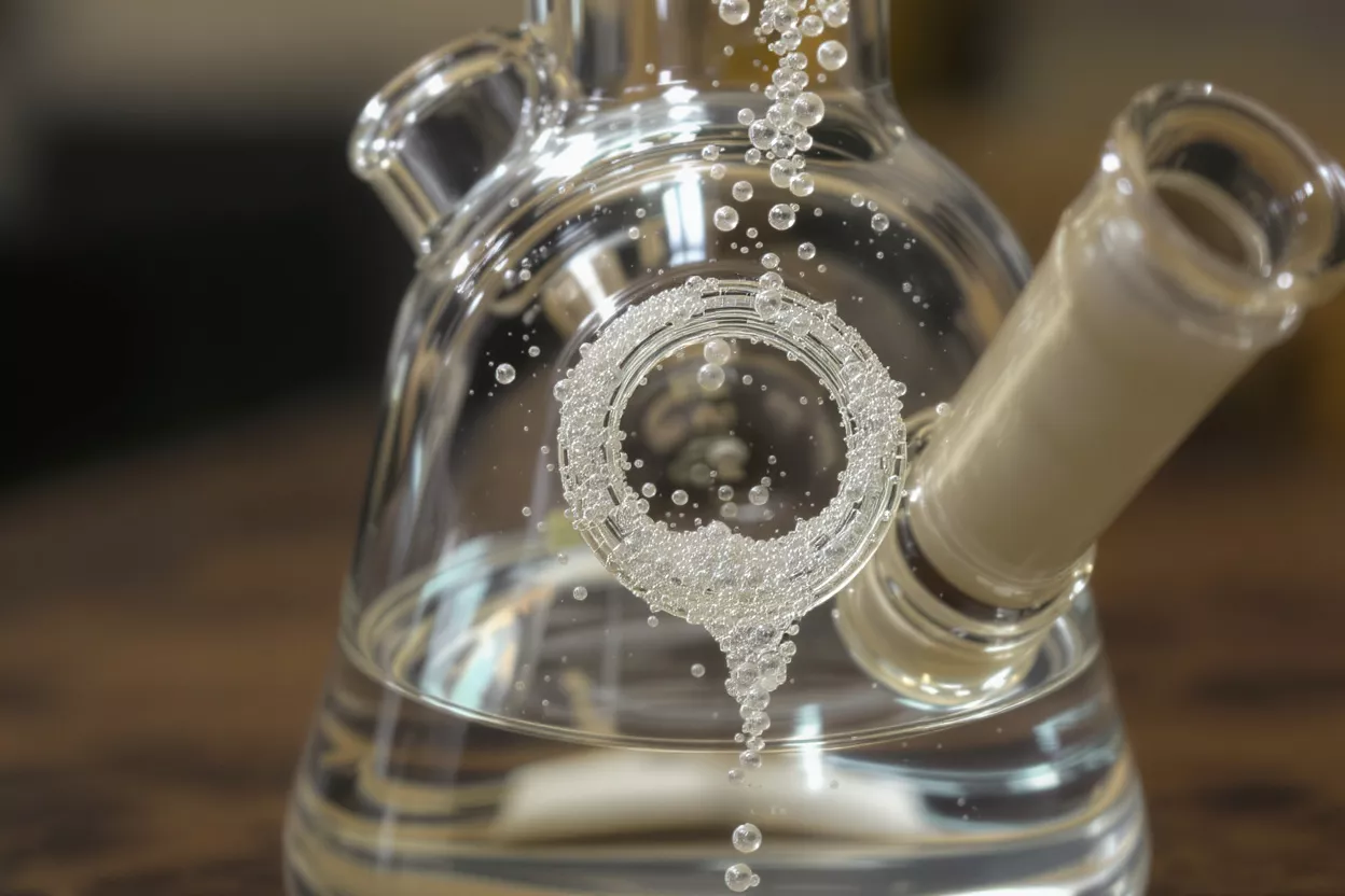 Close-up of a clear glass water pipe with water and many small bubbles.