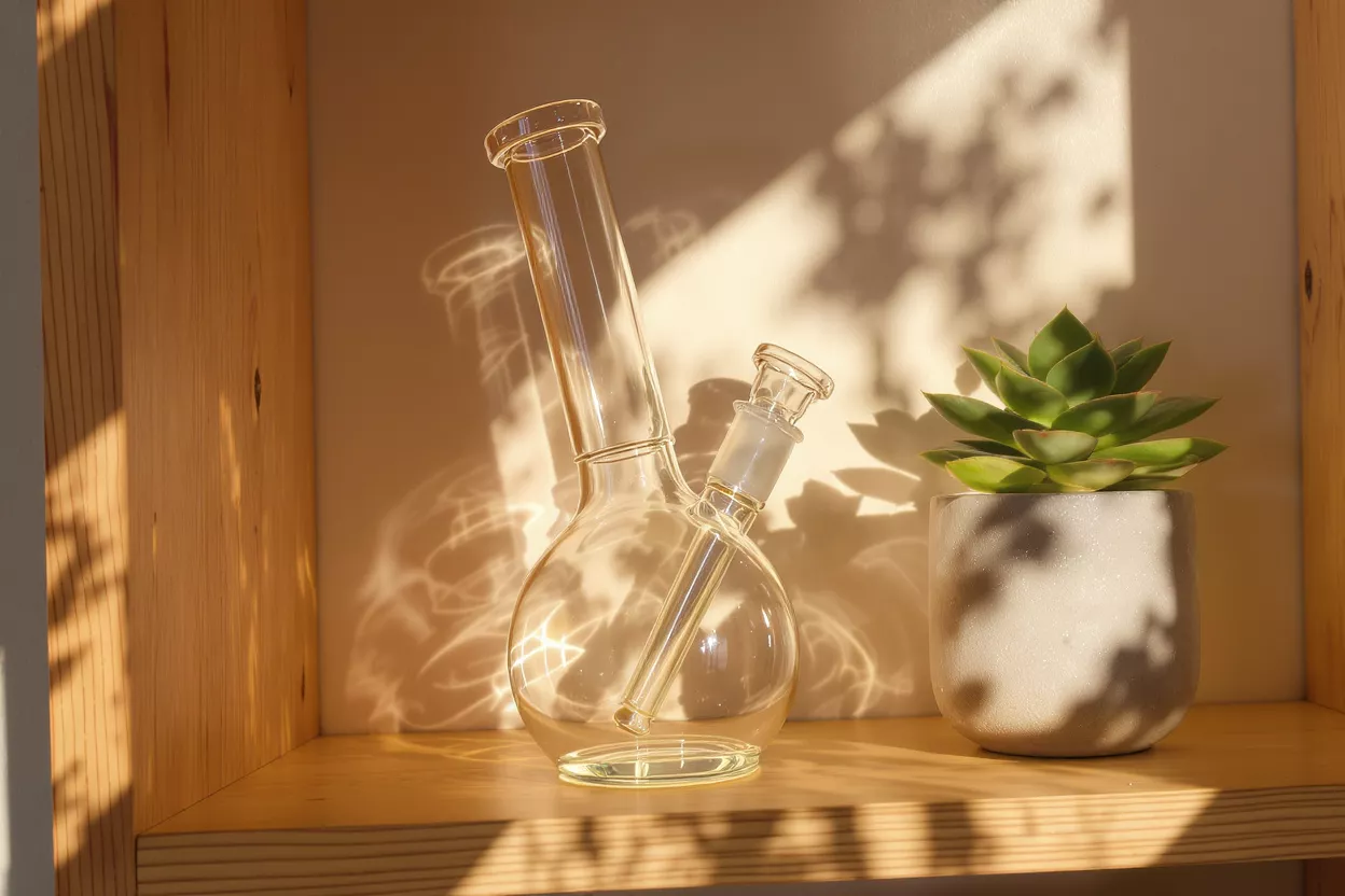 Clear glass bong next to a green succulent in a pot on a wooden shelf.