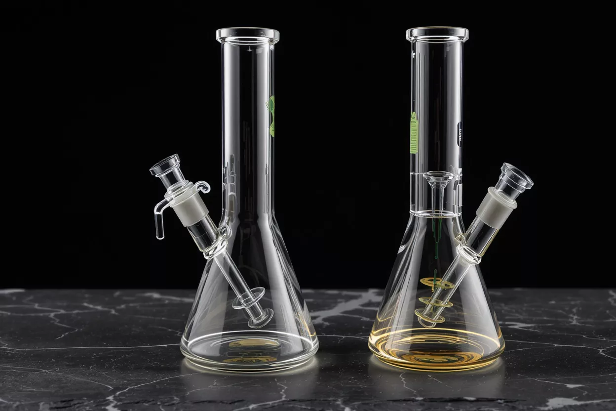 Two clear glass beaker bongs, one empty, one with amber liquid, on black marble.