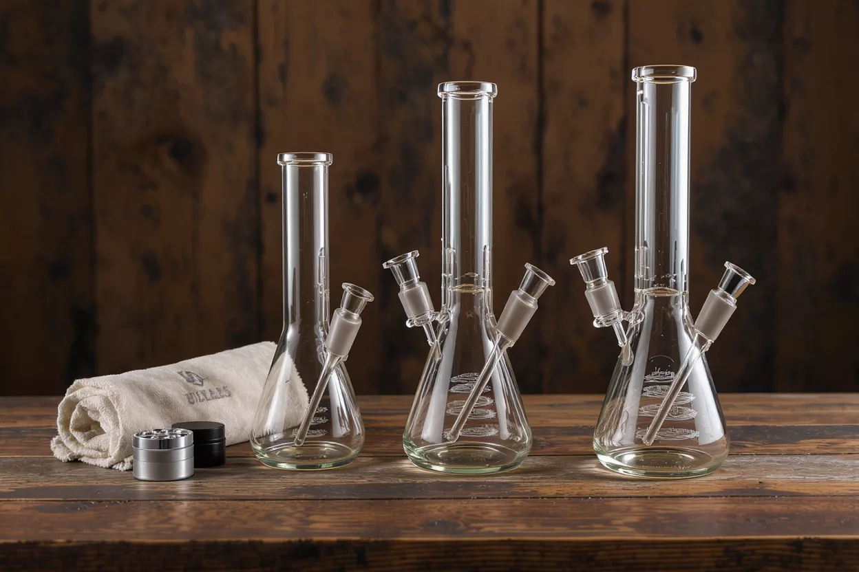 Three clear glass bongs of varying sizes with a grinder and cloth.