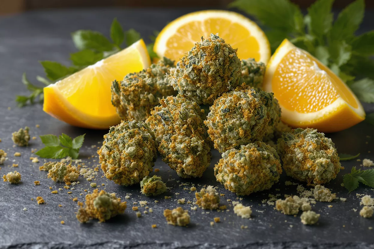 Têtes de cannabis Orange Kush Gros plan sur des têtes de cannabis orange kush avec des tranches d'orange fraîches et des feuilles vertes.
