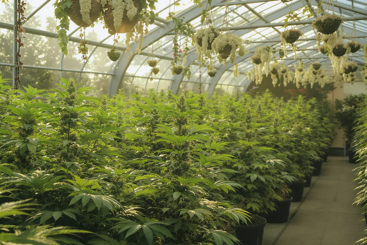 Rangées de plants de cannabis luxuriants poussant dans une serre ensoleillée avec des paniers suspendus.