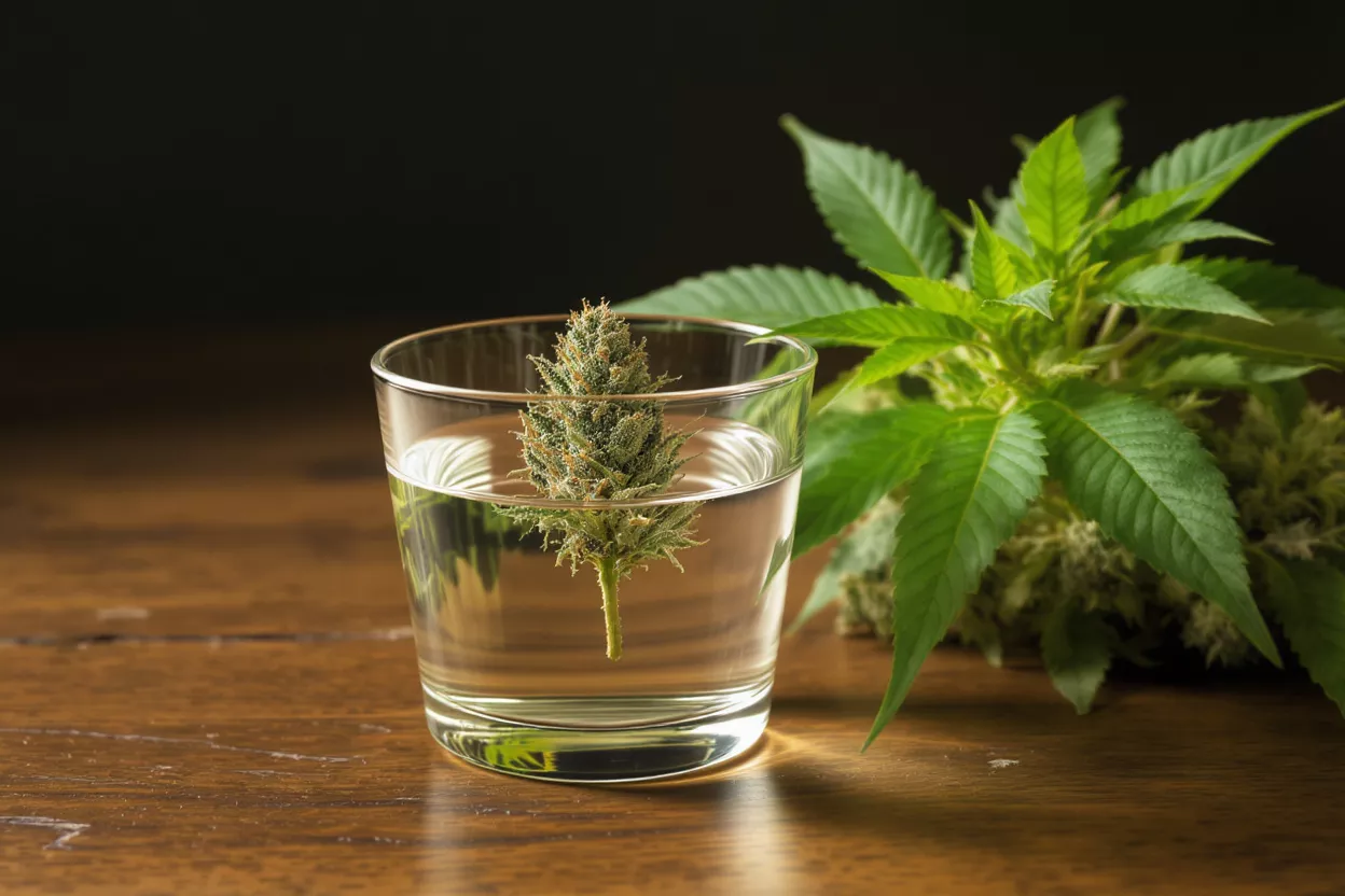 Cannabis Bud in Water A cannabis bud submerged in a glass of water, with a cannabis plant in background.