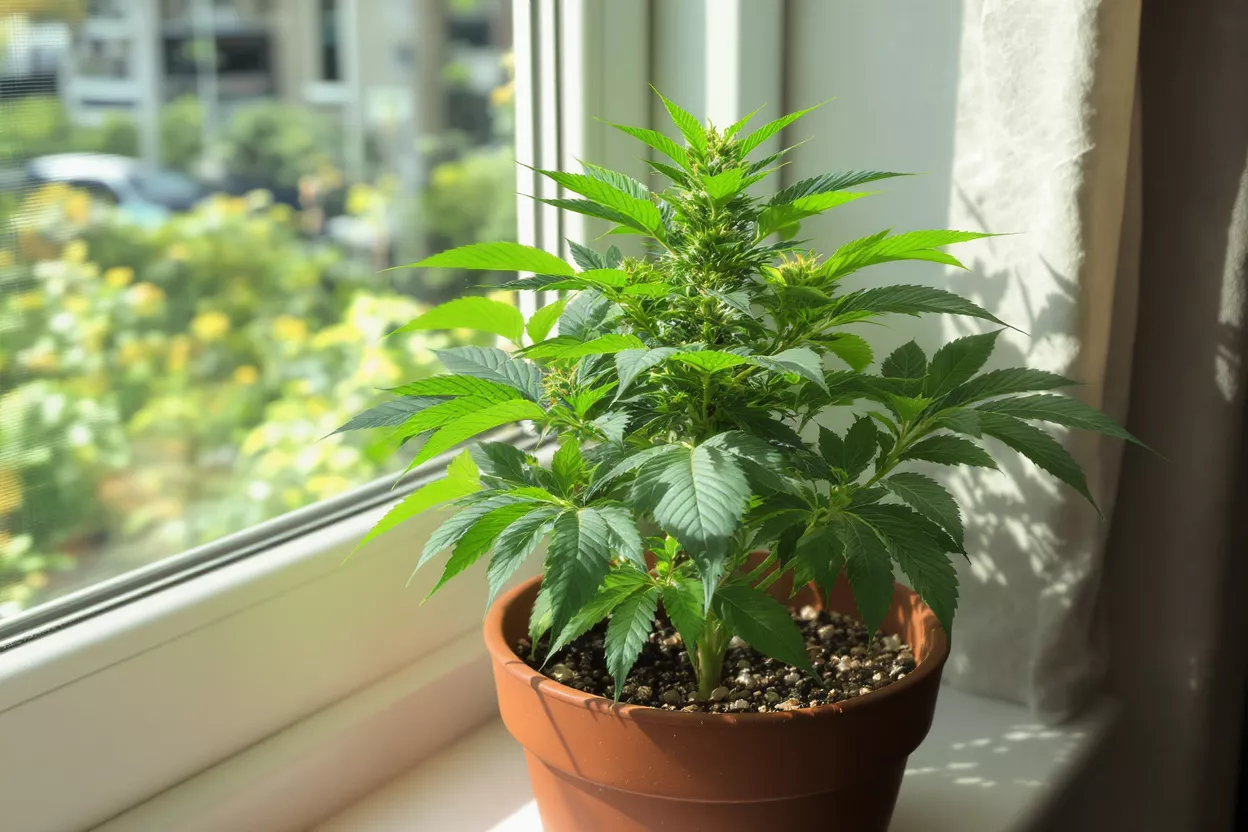 Potted Cannabis Plant in Sunlight A vibrant green cannabis plant in a brown pot sits on a sunlit windowsill.