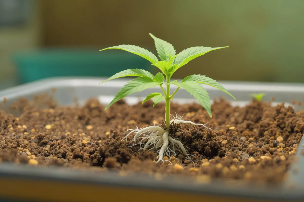 Cannabis Seedling with Exposed Roots A young cannabis seedling with vibrant green leaves and visible white roots in dark soil.