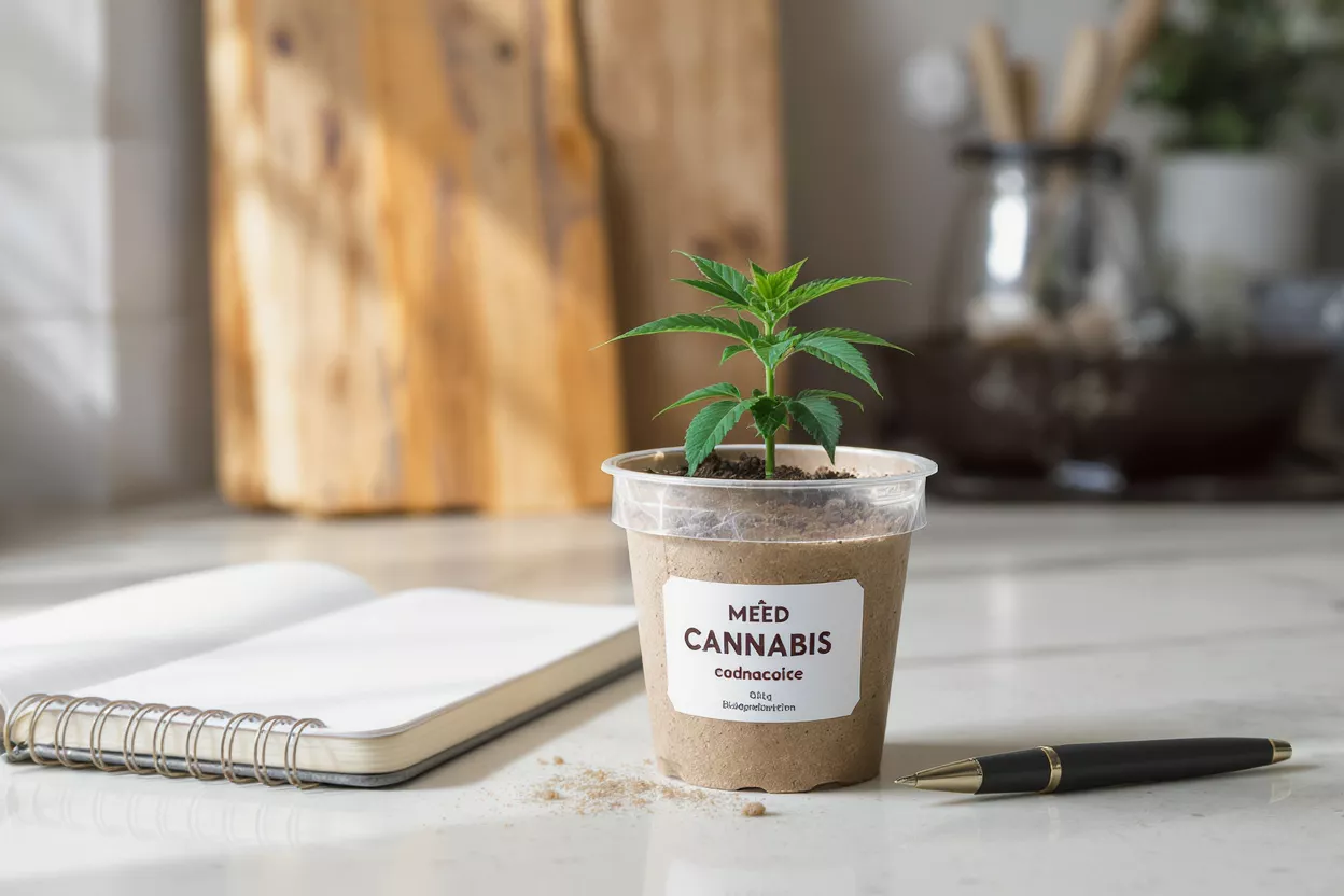Cannabis Plant in Pot Small cannabis plant in a clear pot with a label, next to a notebook and pen.